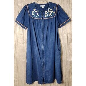 Go Softly Denim Patio Dress Mumu Kaftan Full Zip Embroidered Daisy Bee Blue - M